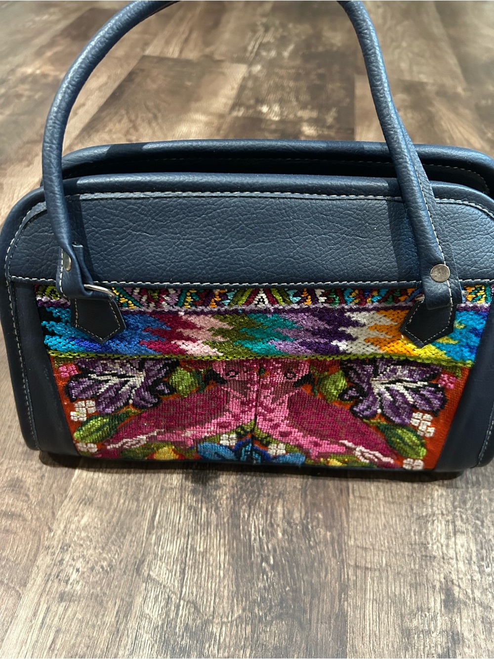 Handwoven Multicolor Embroidered Accent Navy Top-Handle Bag